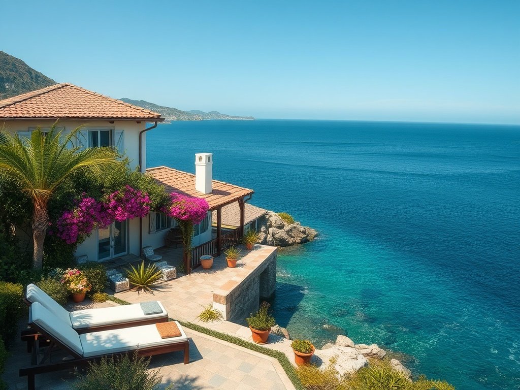 Modern renovation of a beachfront rental property in the Algarve showing updated kitchen and terrace overlooking the ocean
